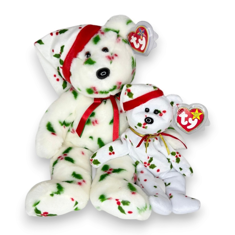 1998 Holiday Teddy Duo | Holly Christmas Bears | Mint Heart Tags TY Baby & Buddy
